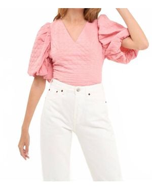 Endless Rose Puff Sleeve Check Jacquard Top - Pink