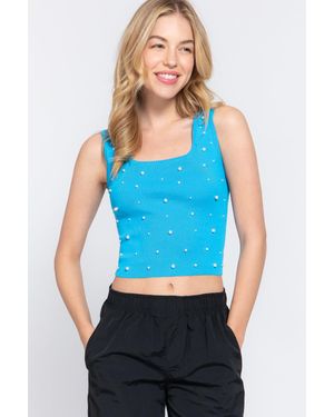 TRUEDAMES Active Basic Pearl Detail Square Neck Cropped Tank - Blue