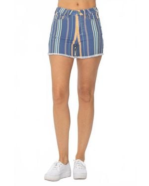 Judy Blue Frayed Hem Striped Shorts - Blue