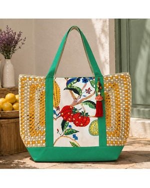 Fashnzfab Sequin Embroidered Fruit Flower Print Front Shell Pearl Tassel Accent Granny Square Side Structured Shoulder Tote Bag - Green