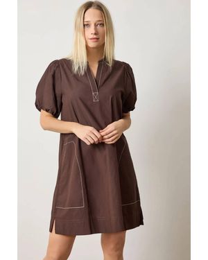 Lilla P Shirred Sleeve Split Neck Mini Dress - Brown