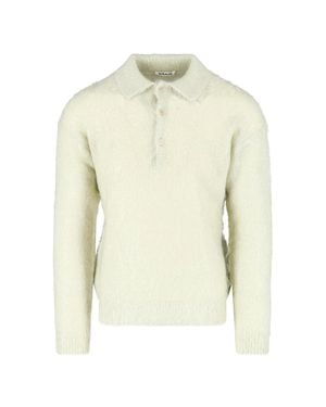 AURALEE Textured Knit Ribbed Polo Shirt - White
