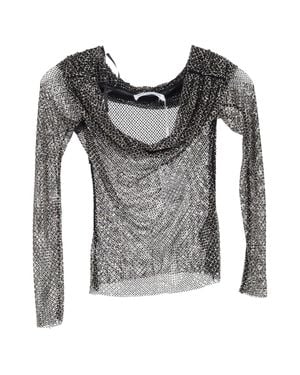 Self-Portrait Fishnet Off-Shoulder Top - Gray