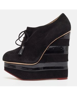 Charlotte Olympia Suede And Patent Leather Martha Wedge Booties - Black