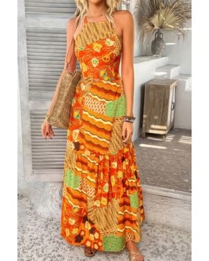 TRUEDAMES Allover Print Sleeveless Cross Back Cut Out Dress - Orange