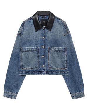 Anine Bing Cropped Denim Jacket With Leather Collar And Boxy Silhouette - Blue