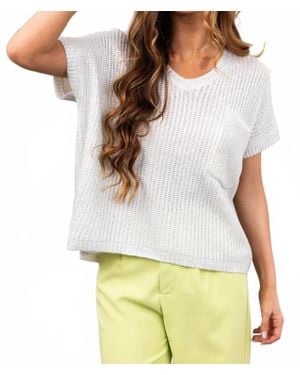 She + Sky Short Sleeve V-Neck Metallic Coated Sweater Top With Front Pocket - White
