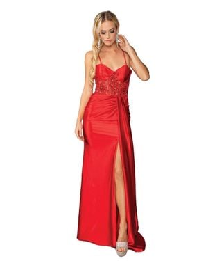 DQ Elegant Spaghetti Strap Beaded Bodice Evening Gown With Thigh-High Slit And Draped Detail Prom Dress - Red