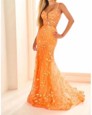 Ellie Wilde Embroidered Tulle Sequin Mermaid Dress - Orange