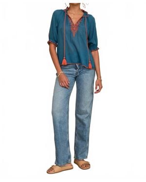 M.A.B.E Talia Embroidered Short Sleeve Top - Blue