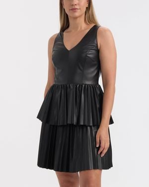 Ellen Tracy Tiered Pleated Faux Leather Dress - Black