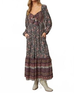 Davi & Dani Long Sleeve Floral Print Maxi Dress - Brown