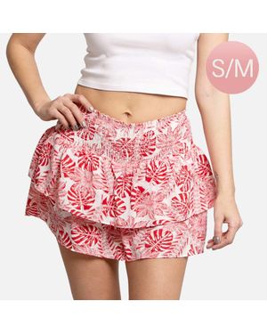 TRUEDAMES Tropical Leaf Patterned Ruffle Tiered Mini Skirt S/M