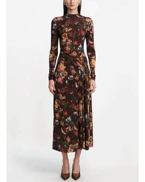 Lela Rose Floral Printed Jersey Long Sleeve Draped Front Dress - Brown