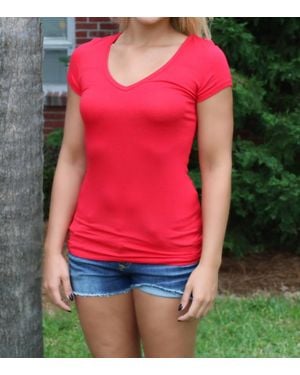 She + Sky V-Neck Jersey Tee - Red