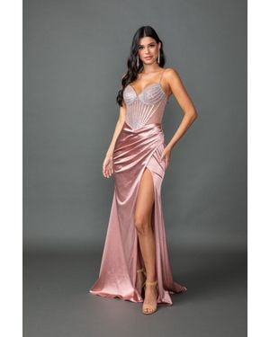 DQ Beaded Satin Prom Dress With Sheer Corset Bodice, Spaghetti Straps, And Ruched Side Slit Skirt - Gray