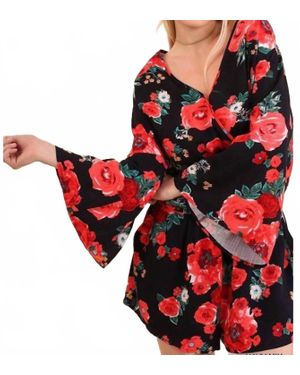 Umgee Floral Bell Sleeve Romper - Red