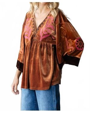 Veveret Vintage Embroidery Patch Velvet Top - Orange