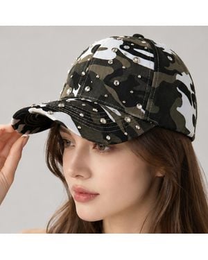 Fashnzfab Bling Rhinestone Embellished Camouflage Baseball Cap - Black