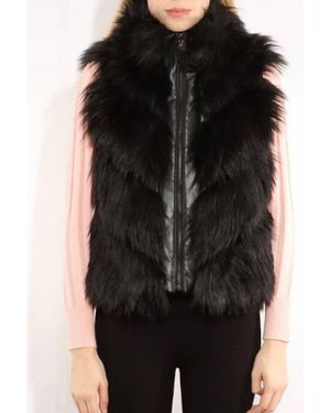 Metric Knits Stand Collar Faux Fur Vest - Black