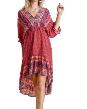 Umgee Mixed Print Bohemian Midi Dress - Red
