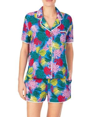 Kensie Notched Collar Front Patch Pocket Short Sleeve Sleep Pajama Shirt - Blue