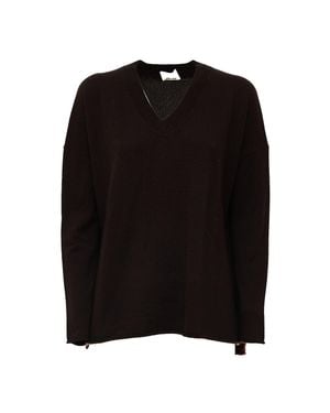 Allude V-Neck Oversized Side Slit Cashmere Sweater - Black