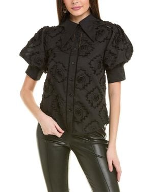 Gracia Wing Collar Circle Embroidered Top - Black