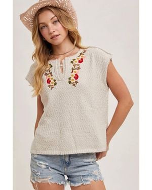 Bluivy Embroidered Notch Neck Knit Top - Natural