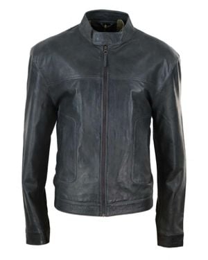TruClothing Classic Leather Biker Jacket Collarless - Black