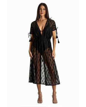 La Moda Clothing Sicilia V-Neck Tasseled Kimono Dress - Black