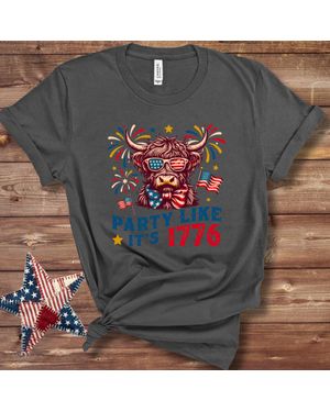 TRUEDAMES Party Like It's 1776 Highland Cow Patriotic Tshirt - Gray