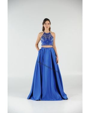 TRUEDAMES Beaded Top With Long Satin Skirt & Side Pockets - Blue