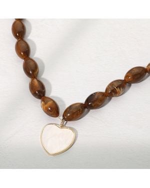 Fashnzfab Mother Of Pearl Heart Plate Pendant Chunky Beaded Statement Necklace - White