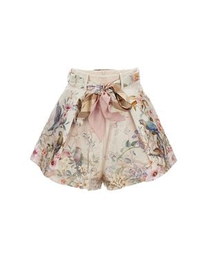 Zimmermann Floral Print Silk-Cotton Blend Tuck Shorts With Removable Scarf Belt - Natural