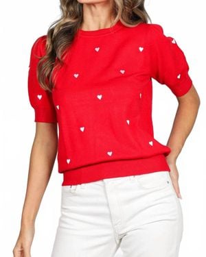 Vine & Love Sweetheart Embroidery Short Sleeve Knitted Top - Red