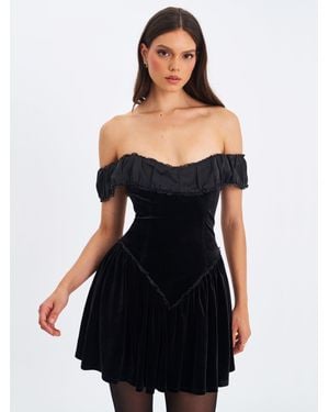 Miss Circle Daisha Lace Trimmed Off-Shoulder Ruched Mini Dress - Black