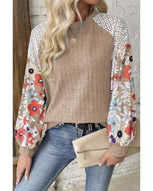 TRUEDAMES Floral Patchwork Long Sleeve Ribbed Blouse - Brown