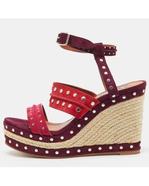 Lanvin Suede Studded Espadrille Platform Wedge Ankle Strap Sandals - Red