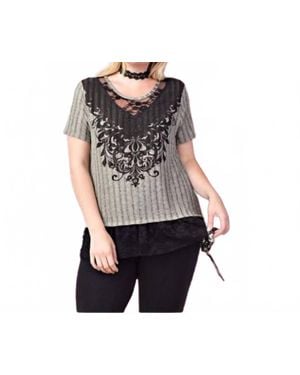 Vocal Apparel Ribbed Lace Rhinestone Top - Black