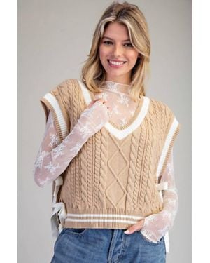 Eesome V-Neck Side-Tie Cable Knit Sleeveless Western Sweater Vest - Natural