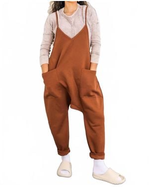 SurelyMine Harem Pocket Jumpsuit Relaxed Fit One-Piece - Brown