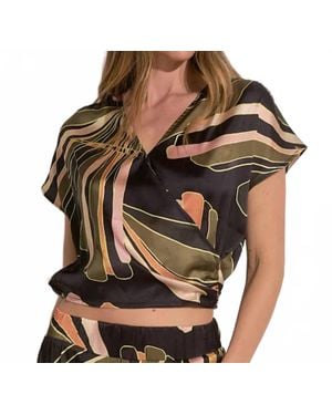 Elan Silky Short Sleeve V-Neck Crop Top - Black