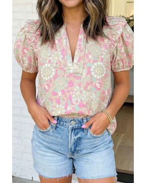 la society Floral Short Puff Sleeve Blouse - Blue