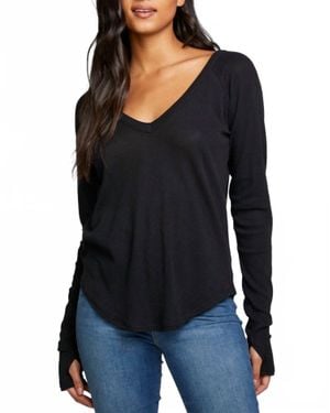 Chaser Brand Waffle Double V Neck Long Sleeve Top - Black