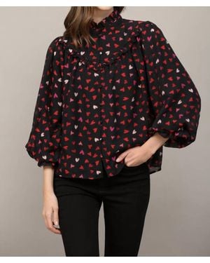 Fate by LFD Heart Print Ruffle Yoke Detail Bubble Sleeve Blouse - Black