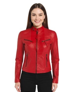 Infinity Leather Casual Slim-Fit Leather Biker Jacket-Tulsa - Red