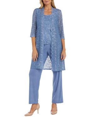 R & M Richards Lace 3/4 Sleeve 3-Piece Pants Set - Blue