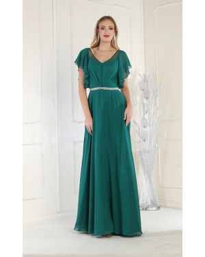 TRUEDAMES V-Neck Bell Sleeve Chiffon A-Line Formal Dress - Green