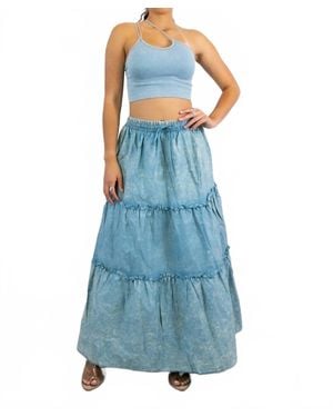 SurelyMine Woven Vintage Washed Maxi Skirt With Ribbed Double Strap Set - Blue